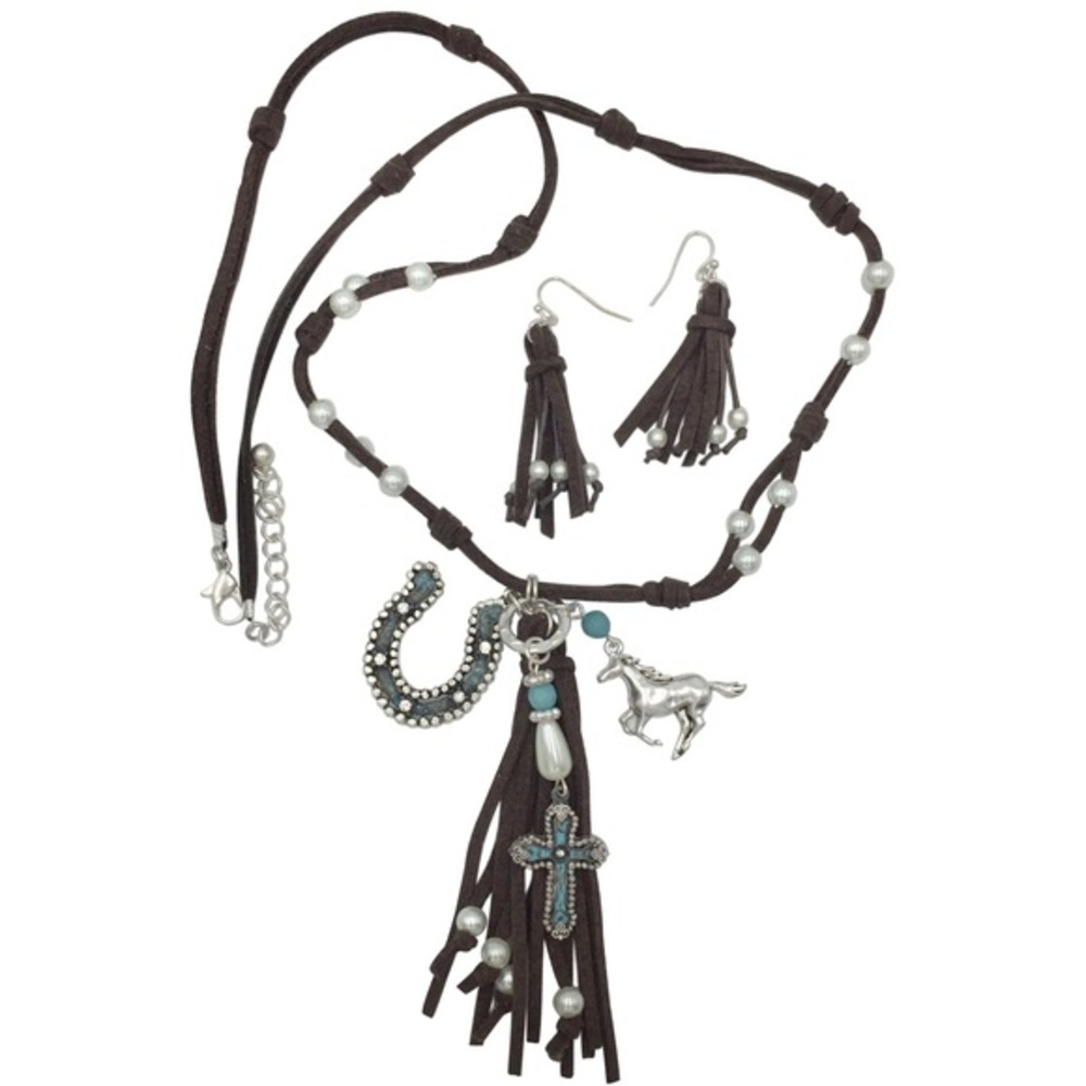 Horse Horseshoe Cross Long Tassel Necklace Set